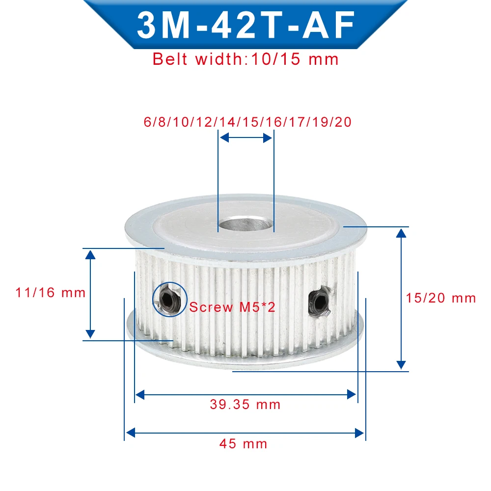 Timing Pulley 3M42T Bore 6/8/10/12/14/15/16/17/19/20 mm Aluminum Pulley Slot Width 11/16 mm For 3M Timing belt Width 10/15 mm