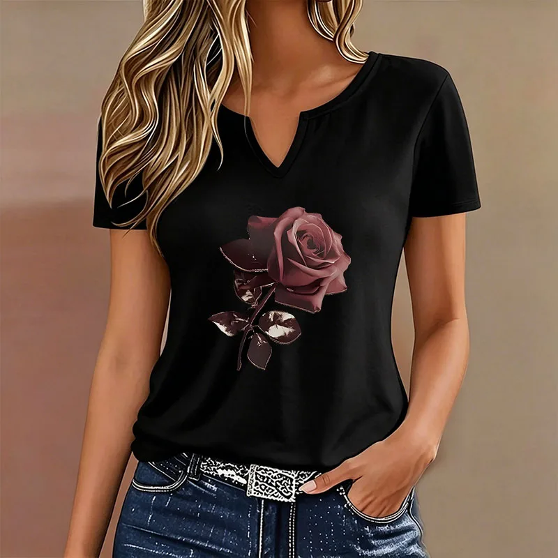 Vintage T-Shirt mit V-Ausschnitt, lässige Mode, Rosen-Blumenmuster, T-Shirts für Damen, kurzärmelig, T-Shirt mit V-Ausschnitt, Sommer, Frühling