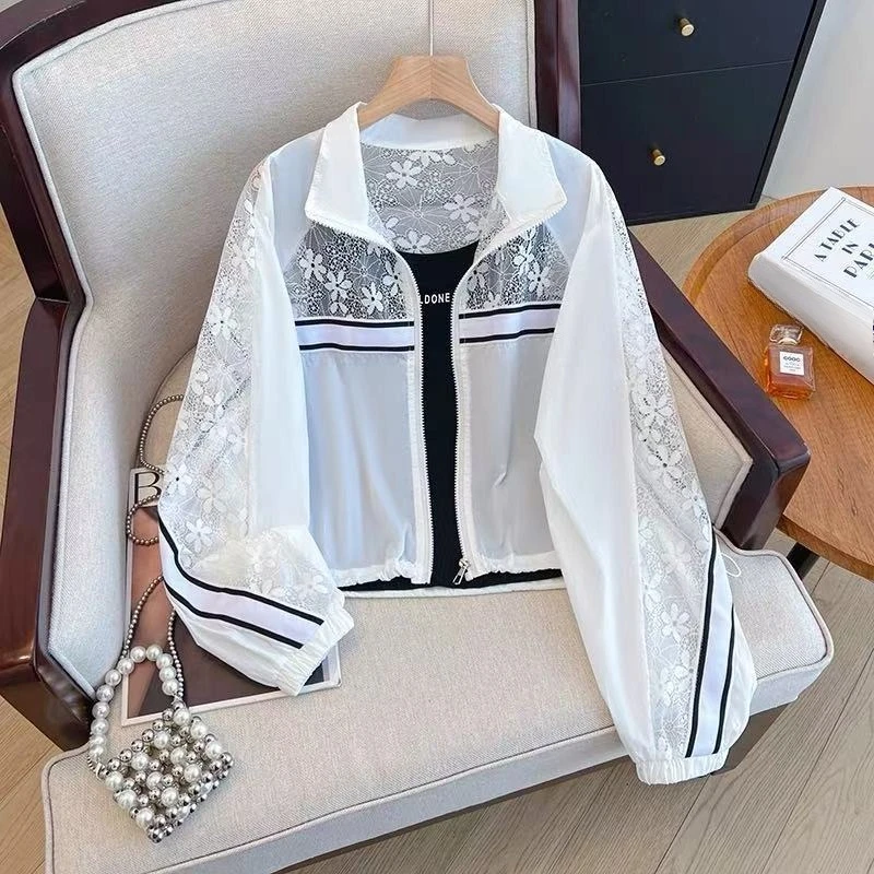 Summer Coats Women Clothing Patchwork Lace Long Sleeve Crop Tops See Through Casual Zipper Chic Outerwear
