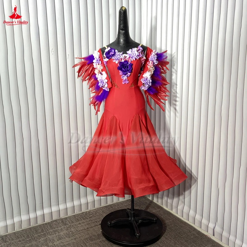 

Stereoscopic Flowers Ballroom Dance Red Sleeveless Dresses Waltz Foxtrot Tango Performances and Competition Clothing Customize