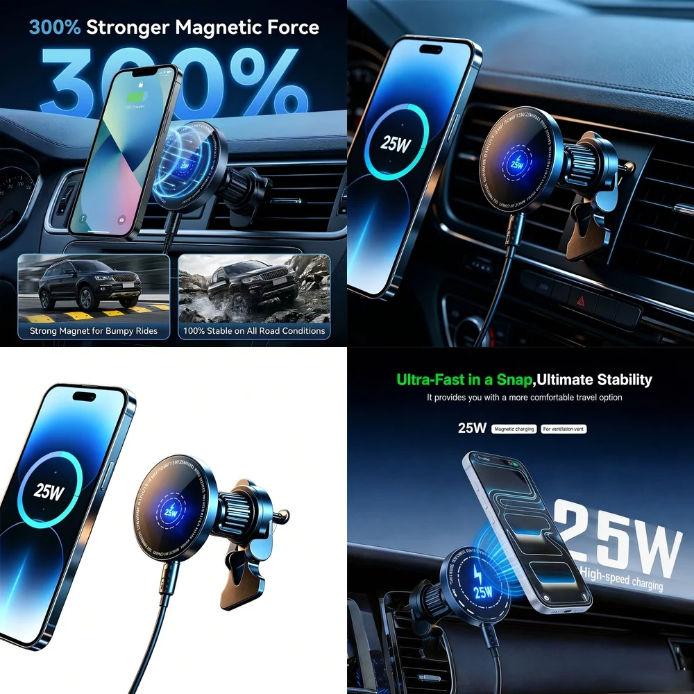 25W Magnetic Car Wireless Charger Super Fast for iPhone 17 16 15 14 13 12 Pro Max Plus Car Air Vent Mount Holder Quick Charging