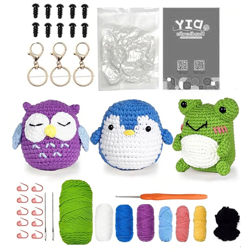 Christmas Crochet Kit for Beginners, 3 Pattern Animals-Owl, Penguin, Frog, Knitting Kit for Adult Kids with Step-by-Step Video T