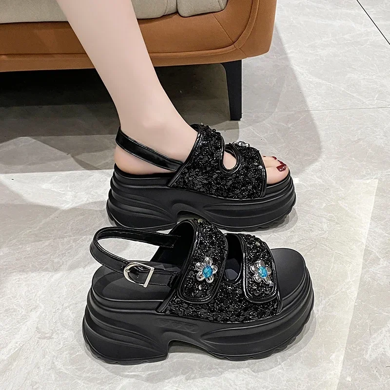 8.5CM Chunky Platform Bling Rhine Stone Sandals Women High Heels Non-slip Slipper Wedge Sneakers Woman Beach Summer Slides Shoes_voghion.com