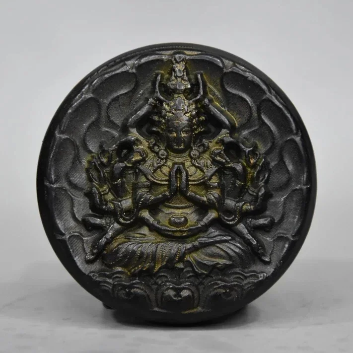 

Hongshan culture natural Meteorite iron Magnetite Chinese collection Tibet Buddhism Thousands Hands Guanyin statue size 7cm