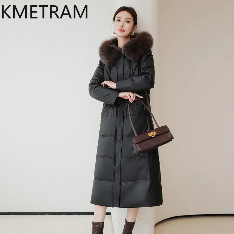 Damska kurtka puchowa ze 100% skóry owczej, wysokiej jakości, długi płaszcz puchowy ze skóry naturalnej z kapturem i kołnierzem z futra lisa, odzież zimowa 2025