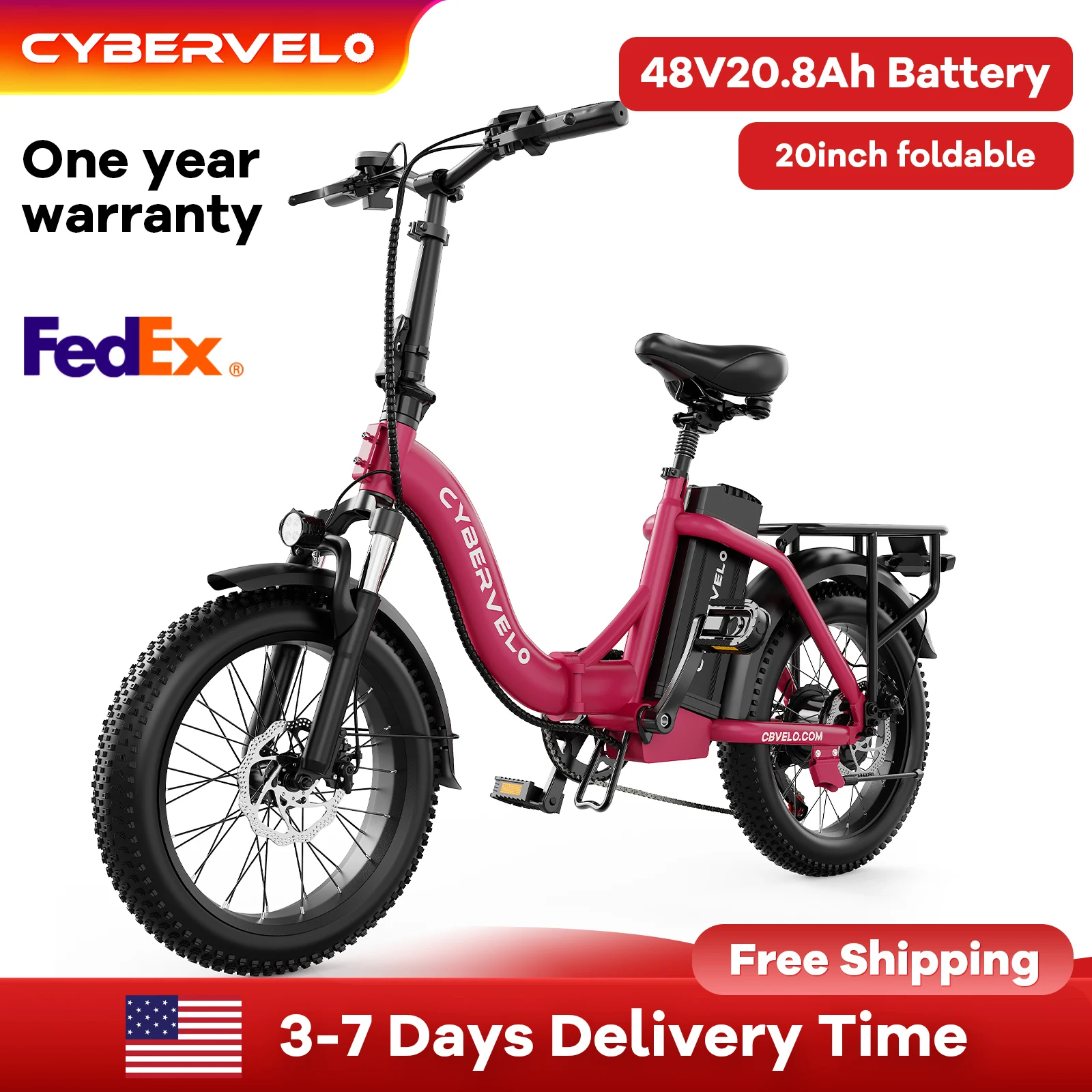 

Cybervelo MARS700 20" Fat Tire Foldable E-bike, 48V 20AH Detachable Battery, Long Range 30MPH 80+ Miles Adults City Commuter
