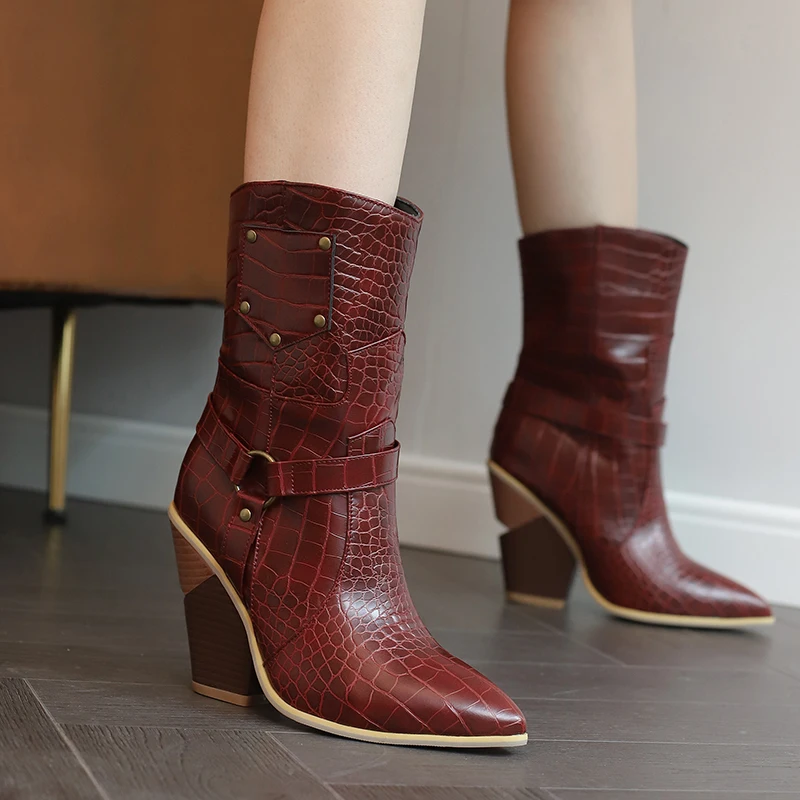 2024 new autumn winter women ankle boots plus size 22-28cm pu/denim fabric pointed toe metal high heel western boots