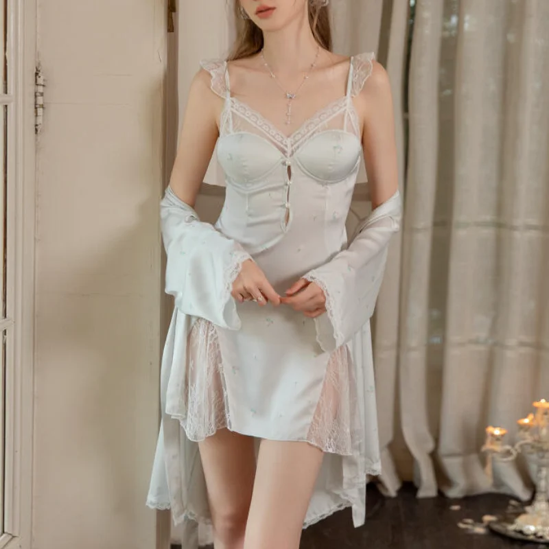 Sexy Satin Women Sleepwear Nightgown Print Sleeveless Home Wear Mini Length Lace V Neck Night Gowns Intimate Ligerie Nightwear 6