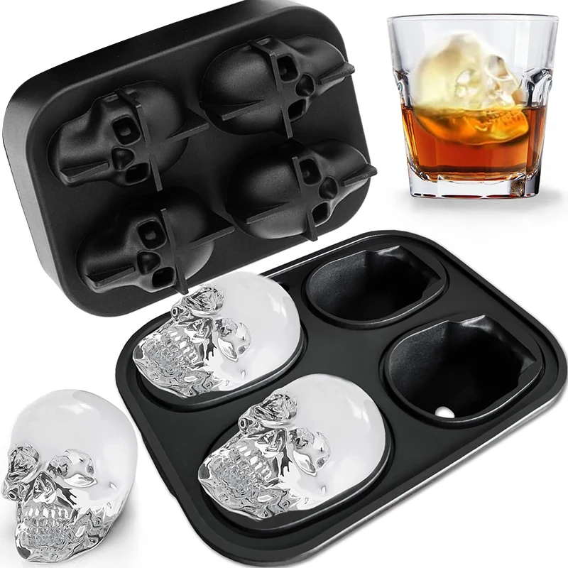 Halloween 4Cells Skull Ice Cube Mold Silicone Flexible Reusable Ice Cube Maker DIY Whiskey Ice Ball Chocolate Pastry Skull Mould