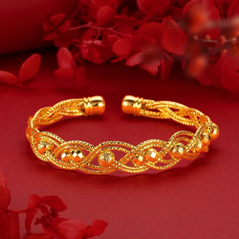 

9999 Real Gold 24K Light Luxury Niche Premium Sense Braid Explosive Flash Bracelet Fashion Weaving Gold Thread Opening Bracelet