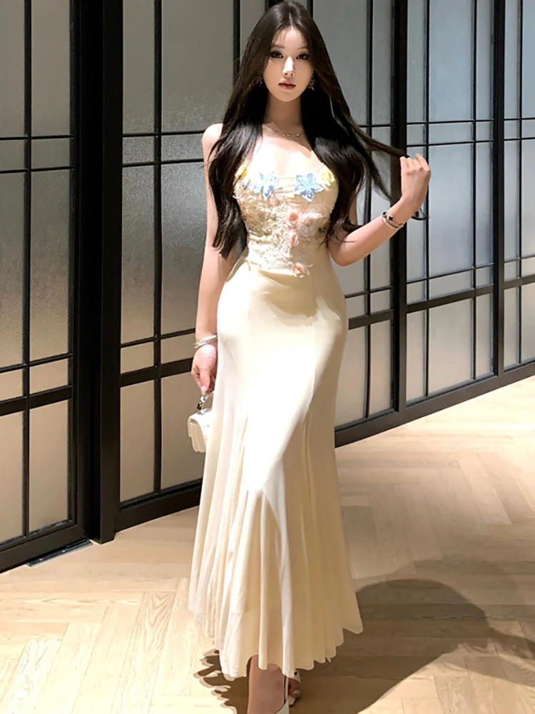 2025 nova malha branca apliques chique estilingue sexy vestido longo feminino elegante casual estilo praia vestido de verão coreano bodycon vestido de baile