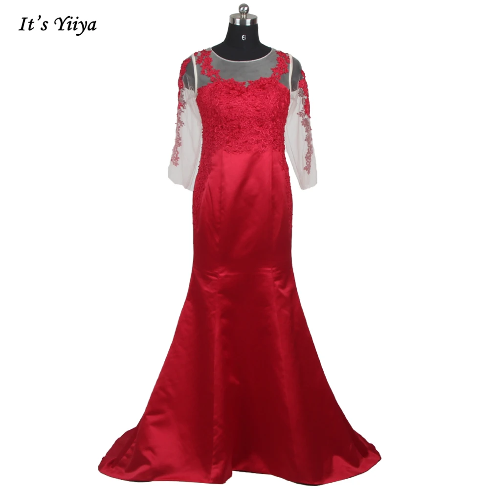 

It's Yiiya Evening Dress Wine Red Satin Illusion Mermaid Backless Zipper Back Floor Length Plus size Women Party Dresses LX043