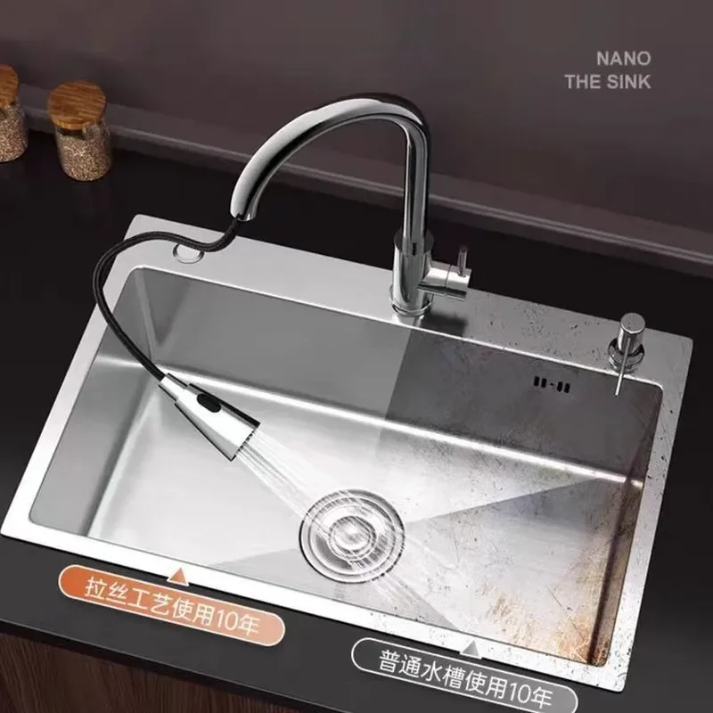 for Thickened SUS304 Stainless Steel Wire Drawing Kitchen Sink Large Single Slot Manual Dishwashing Basin Mid Counter Under