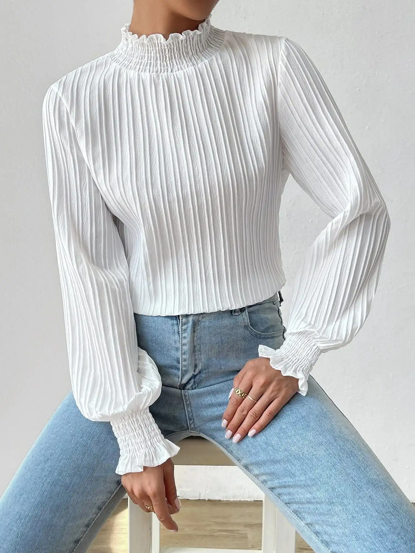 Women's Puff Long Sleeve Blouses Smocked Cuff High Neck Dressy Fall Casual Workout Tops Shirt