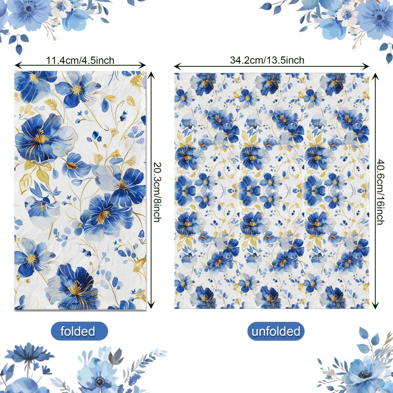 20pcs Blue White Floral Flower Guest Napkins Disposable Paper Dinner Napkin Bathroom Hand Towels Wedding Birthday Party Decor