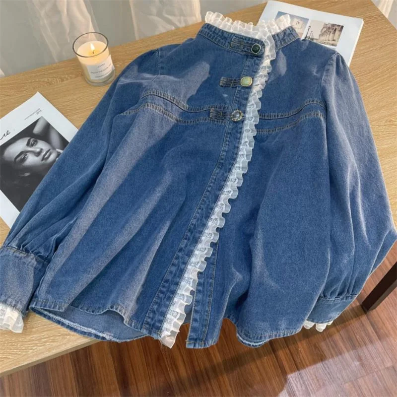 

New fashion lace fungus edge stitching denim shirt loose coat top women