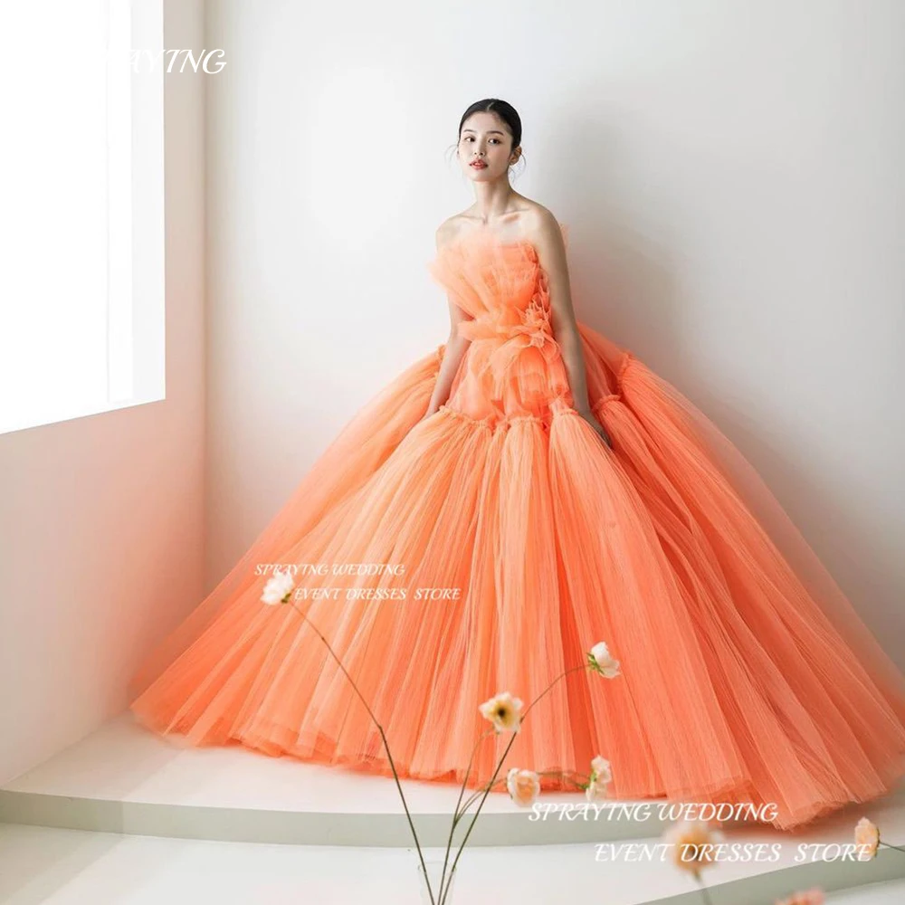 SPRAYING Orange Tiered Ruffles Wedding Dress Korea Photoshoot Tulle Scalloped Evening dress Sleeveless evening 웨딩드레스 Customized