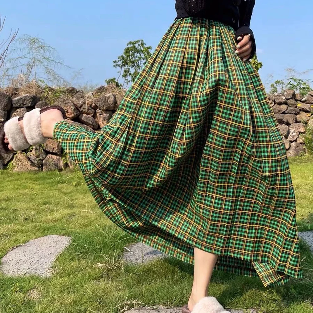 

Spring and Autumn New Women's Clothing Cotton and Hemp Half length Skirt Red Plaid Pattern Long Skirt Irregular Bottom