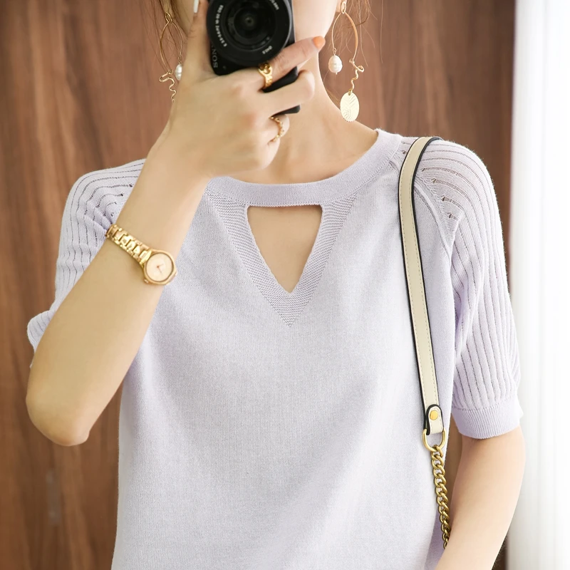 Summer women\'s T-shirt 100% cotton top casual knitting pullover short sleeve round neck T-shirt fashion sweater loose T-shirt