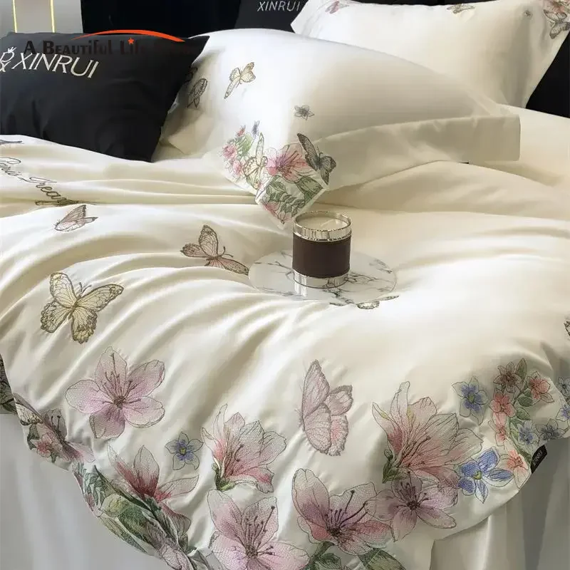 Luxury Butterfly Flowers Embroidery Bedding Set Lyocell Eucalyptus Fiber Soft Silky Breathable Duvet Cover Bed Sheet Pillowcases