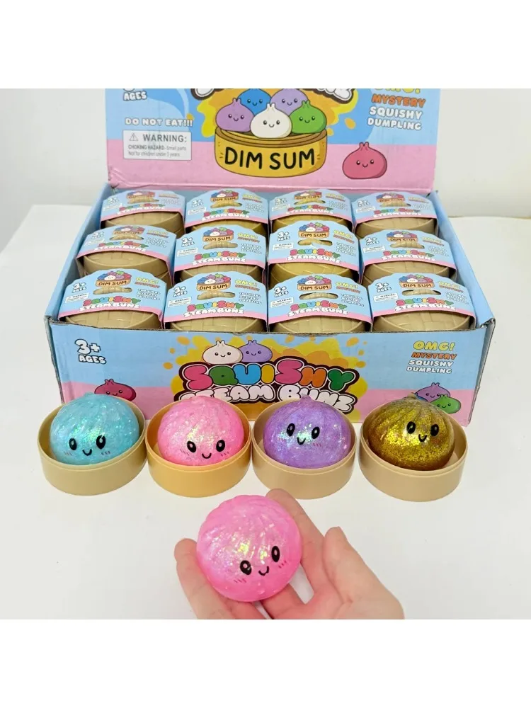 Glitzer-Dumpling-Squishy mit Box: Sensorischer Dampfgarer aus weichem TPR-Teig für Dekompression, Fidget-Spielzeug, Stressabbau-Geschenk