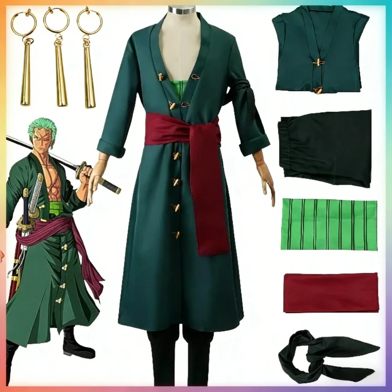 

Anime Figures Roronoa Zoro Cosplay Costume Uniform Green Coat Pants Head Scarf Wig Earrings Halloween Party Comic Con Clothes