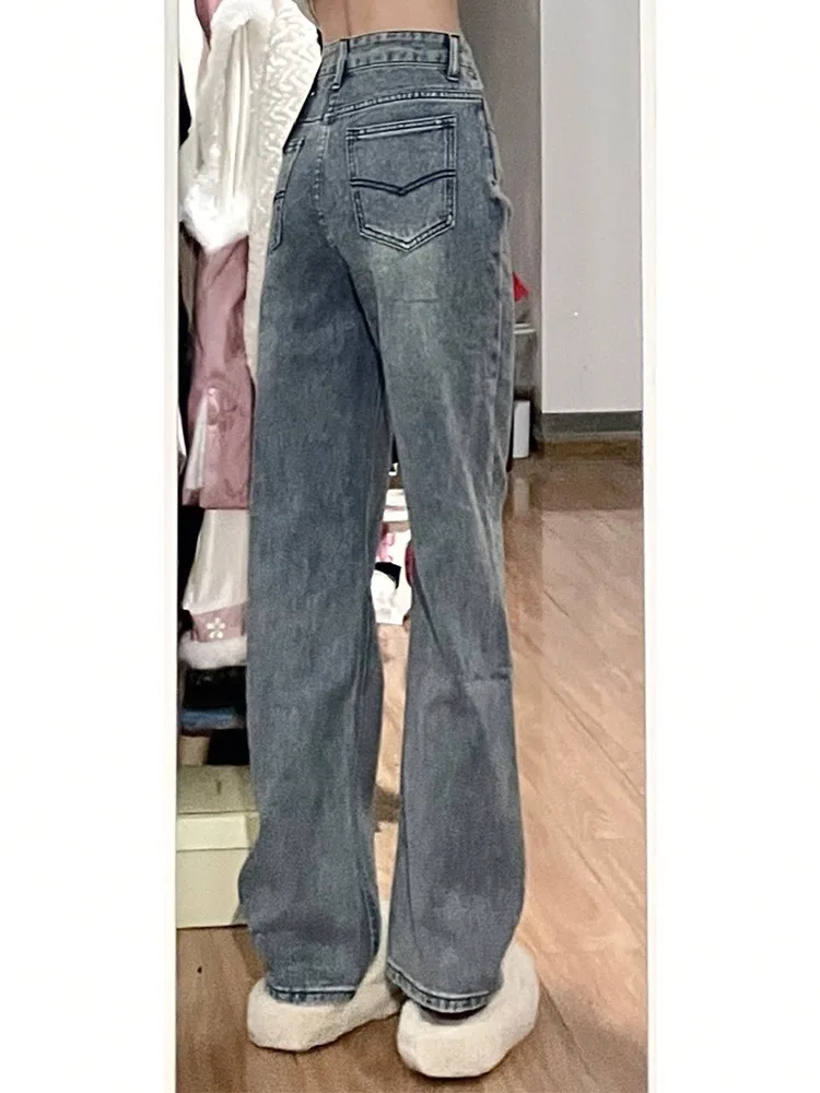 

Американские джинсы прямого кроя в стиле ретро для женщин, весна-осень, новинка, большие размеры, свободные, с высокой талией, широкие штанины, для полных женщин