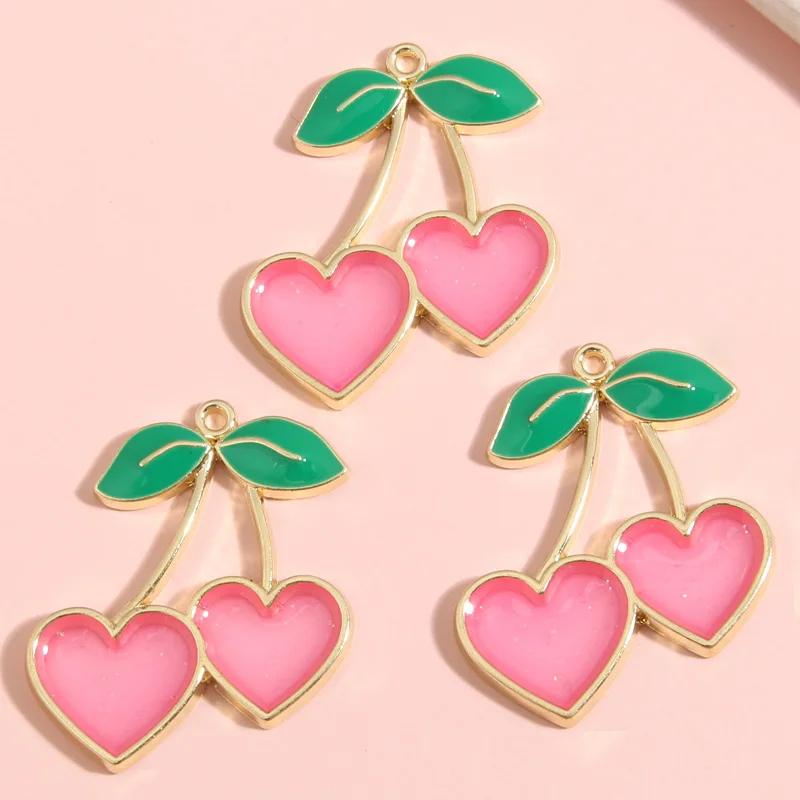 5pcs Gold Color 33x27mm Lovely Enamel Heart Cherry Charms Fruit Pendant Fit Necklaces Handmade Jewelry Making Finding Supplies