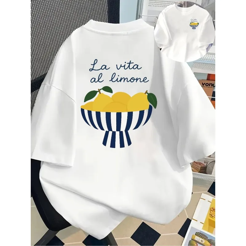 

Женская футболка с узором Lemon Life «La Vita Al Limone», белая повседневная футболка с круглым вырезом, темно-синяя женская футболка с лимонным дизайном
