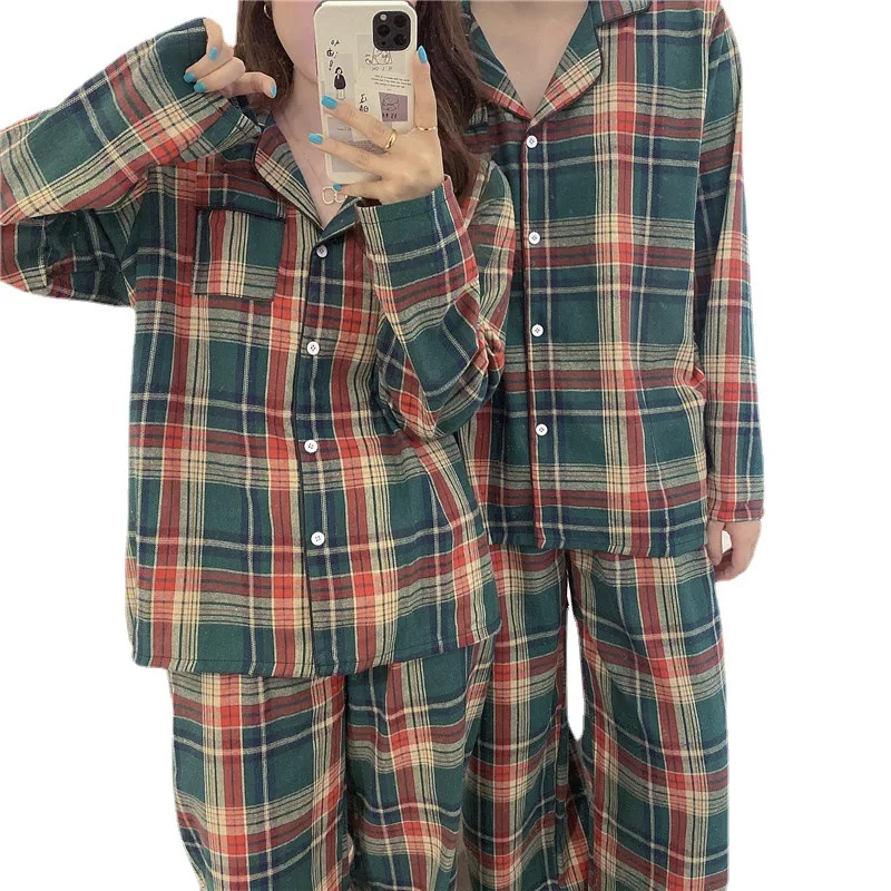 Couple Men\'s Style Summer and Fall New Korean Loose Comfortable Warm Grinding Wool Christmas Green Plaid Home Wear Pajamas Set