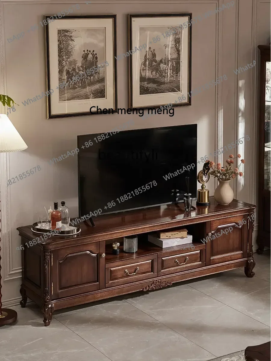 X A American-Style Black Walnut Wooden TV Cabinet Solid Wood Video Cabinet Tea Table Combination Country Living Room