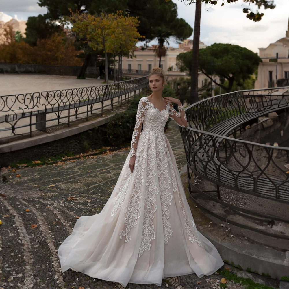 Abito da sposa in Tulle di pizzo Applique con colletto a cuore di lusso per le donne abito da sposa con maniche lunghe a-line Illusion vestidos de novia