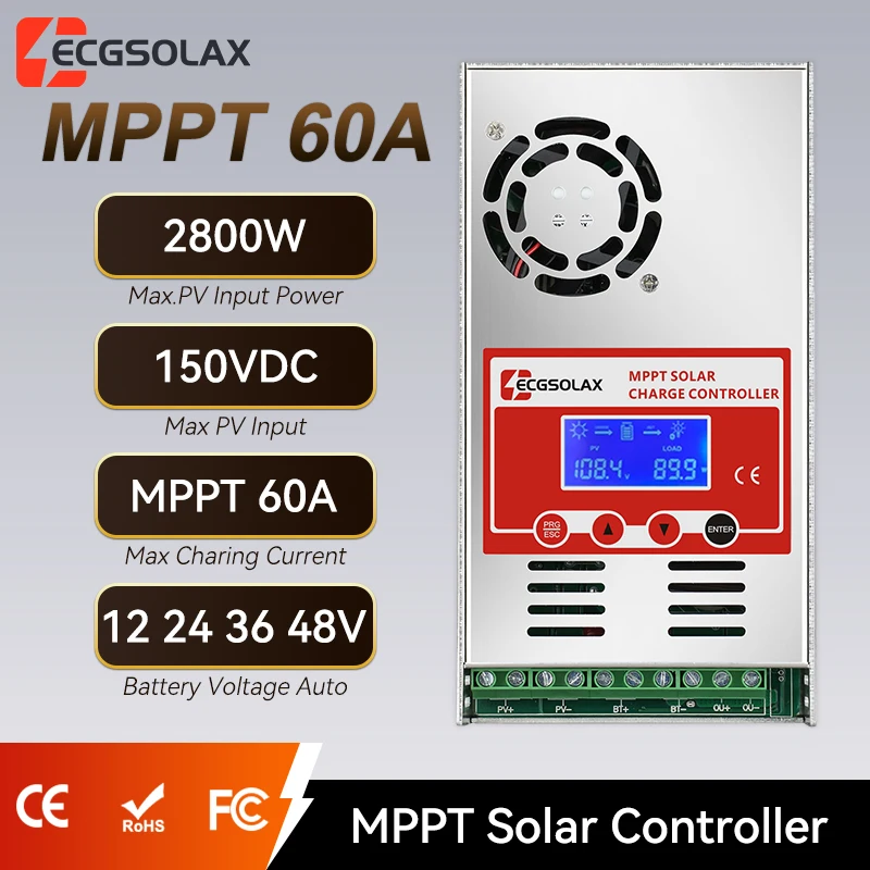 Controlador de Carga Solar MPPT ECGSOLAX 60A para Baterias LifePo4, Controlador de Painel Solar 12V 24V 36V 48V, Máx. PV 150V