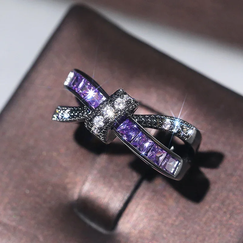 Huitan Special-interested Black Plated Purple CZ Rings for Women Vintage Female Accessories Daily Wear Party Personality Jewelry