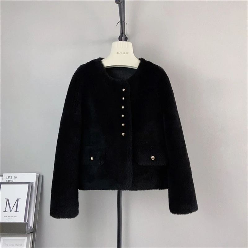 Lady Girl Pure Wool Fall and Winter Buttons Short Round Neck Jacket Female Sheep Shearling New Elegant Warm Coat  PT472