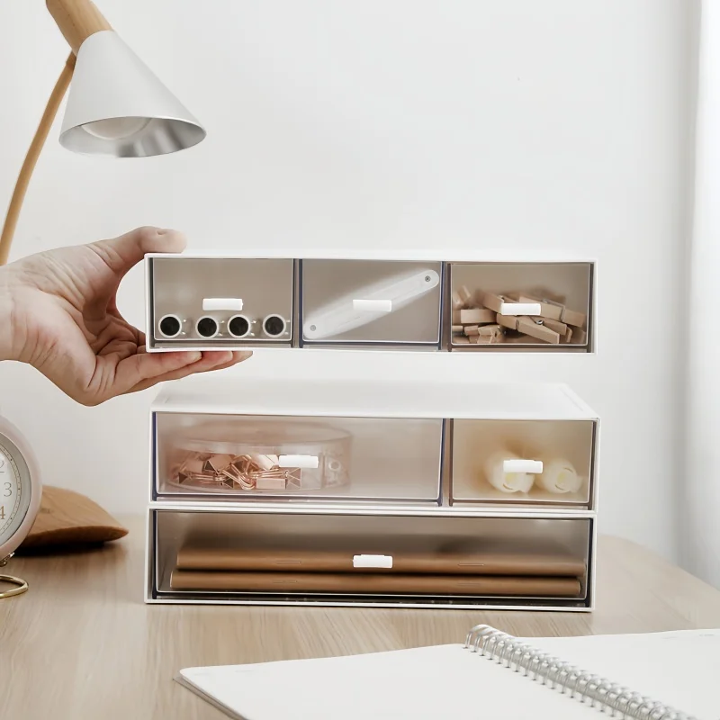 

Stackable Desktop Storage Box Clear Drawers ABS Plastic Makeup Organizer Stationery Holder White for Cosmetics Home