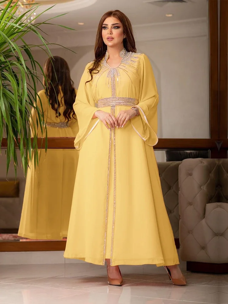 Robe de soirée marocaine pour femmes, abaya musulmane, col montant, mode Dubaï Abayas, diamant, caftan, robe élégante, robe éducative, Turquie