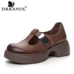 DRKANOL 2024 Fashion Women Thick Heel Loafers Spring Round Toe Genuine Cow Leather British Style Metal Versatile Casual Shoes