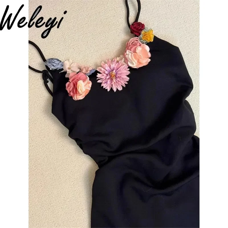 Black Y2K Camisole Dress Women's 2024 Summer Sweet V Neck Three Dimensional Flower Irregular Waist A Line Fashion Backless Dress