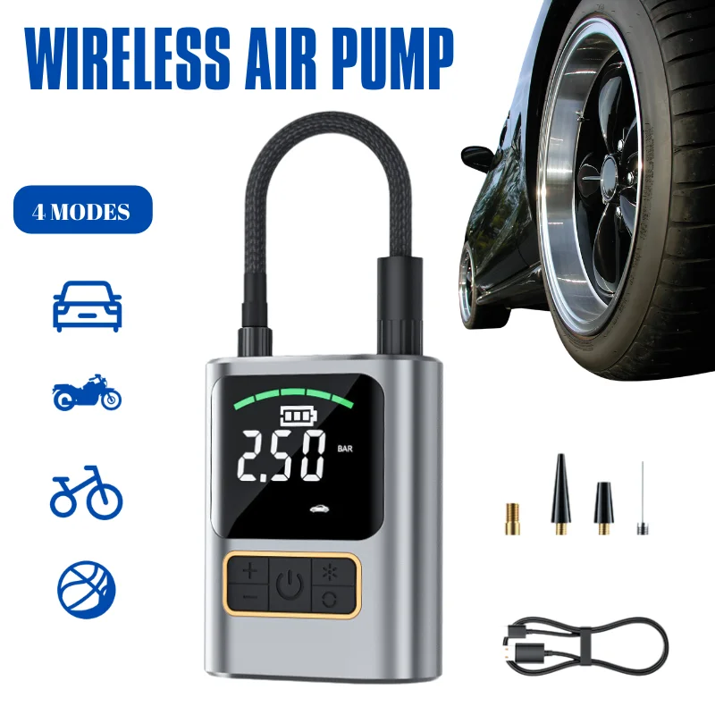 

Портативный беспроводной автомобильный насос-насос-электрический воздушный насос с цифровым дисплеем и светодиодным фонариком для автомобиля, велосипеда, мотоцикла, мяча