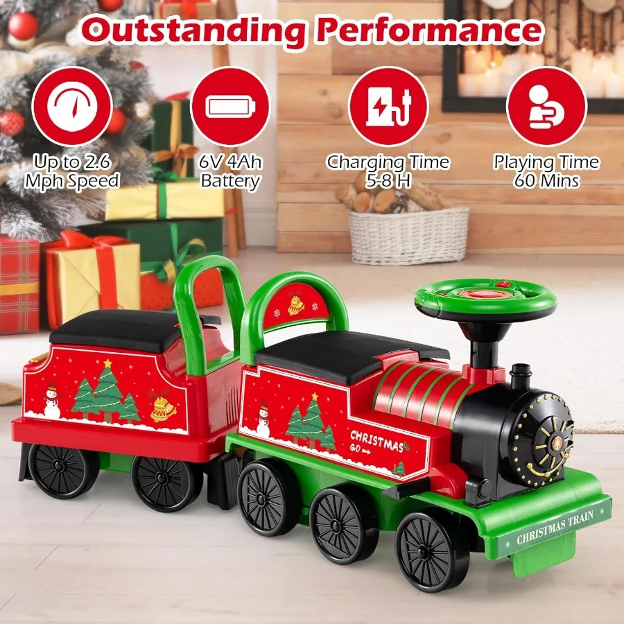 รถไฟของเล่น 6V 2 ที่นั่ง พร้อมห้องโดยสาร ที่เก็บของ นกหวีดรถไฟ เพลง ไฟ สำหรับเด็กอายุ 18 เดือนขึ้นไป (2 ที่นั่ง, คริสต์มาส)