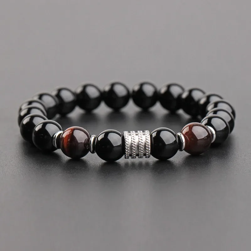 

New Tiger Eye Obsidian Stainless Steel Bracelet for Men Natural Gem Beaded Bracelets 2023 Fashion Father's Day Jewelry Gifts