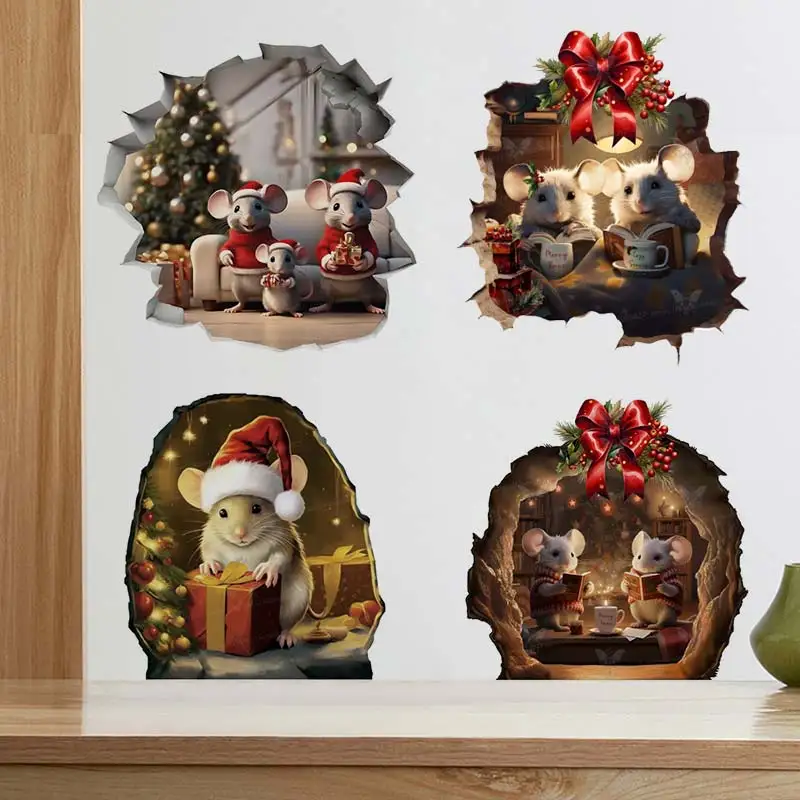 Cute Mouse Family For Christmas Wall Stickers Bedroom Kids Room Background Decoration Mural Animals Home Decor M1054