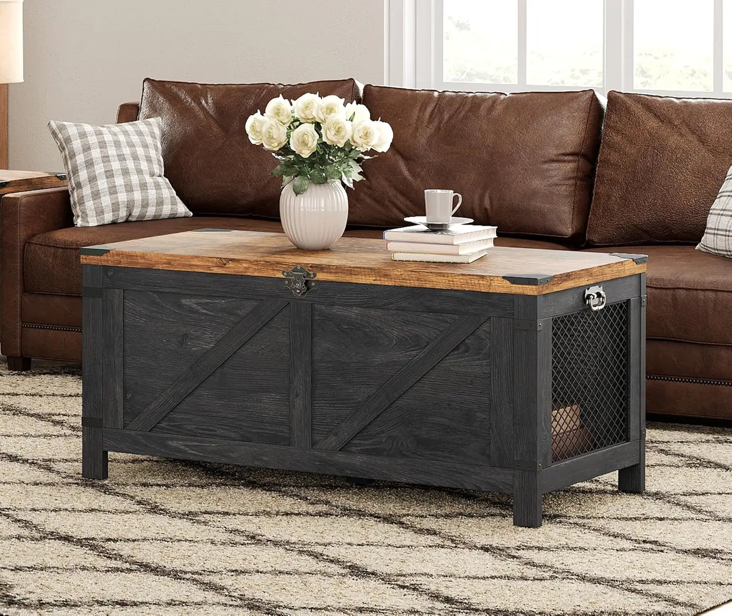 Mesa de centro elevable para sala de estar, mesa de centro de granja con almacenamiento oculto, muebles pequeños con acento con gabinete de malla y Ru