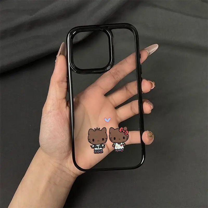 

Корейский черный чехол для телефона HelloKitty Couple для iPhone 16, 15, 14, 13, 12, 11 Pro XS Max 7, 8 Plus, текстурированный, для телефона Y2K