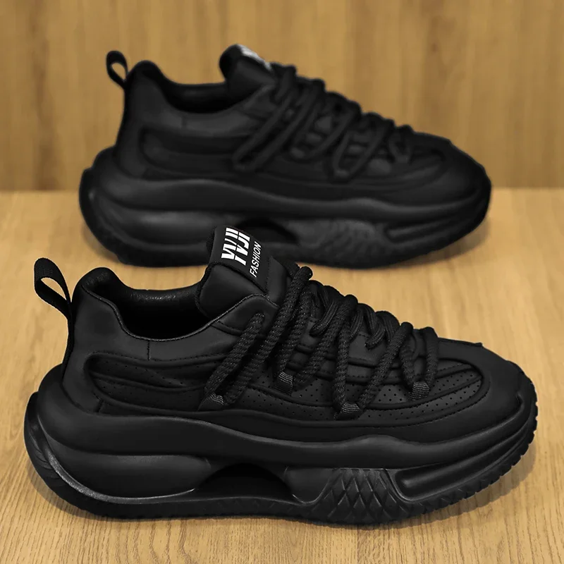 Men's Casual Sport Shoes 2026 Fall Season Trendy Versatile Thick Bottom Heightening Old Dad Shoes PU Material round Toe Wear