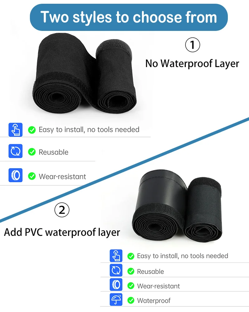 16‑100mm PET PVC Waterproof Flexible Hook‑Loop Cable Sleeve Reusable Wire Harness Wrap for Home Automotive Cord Management