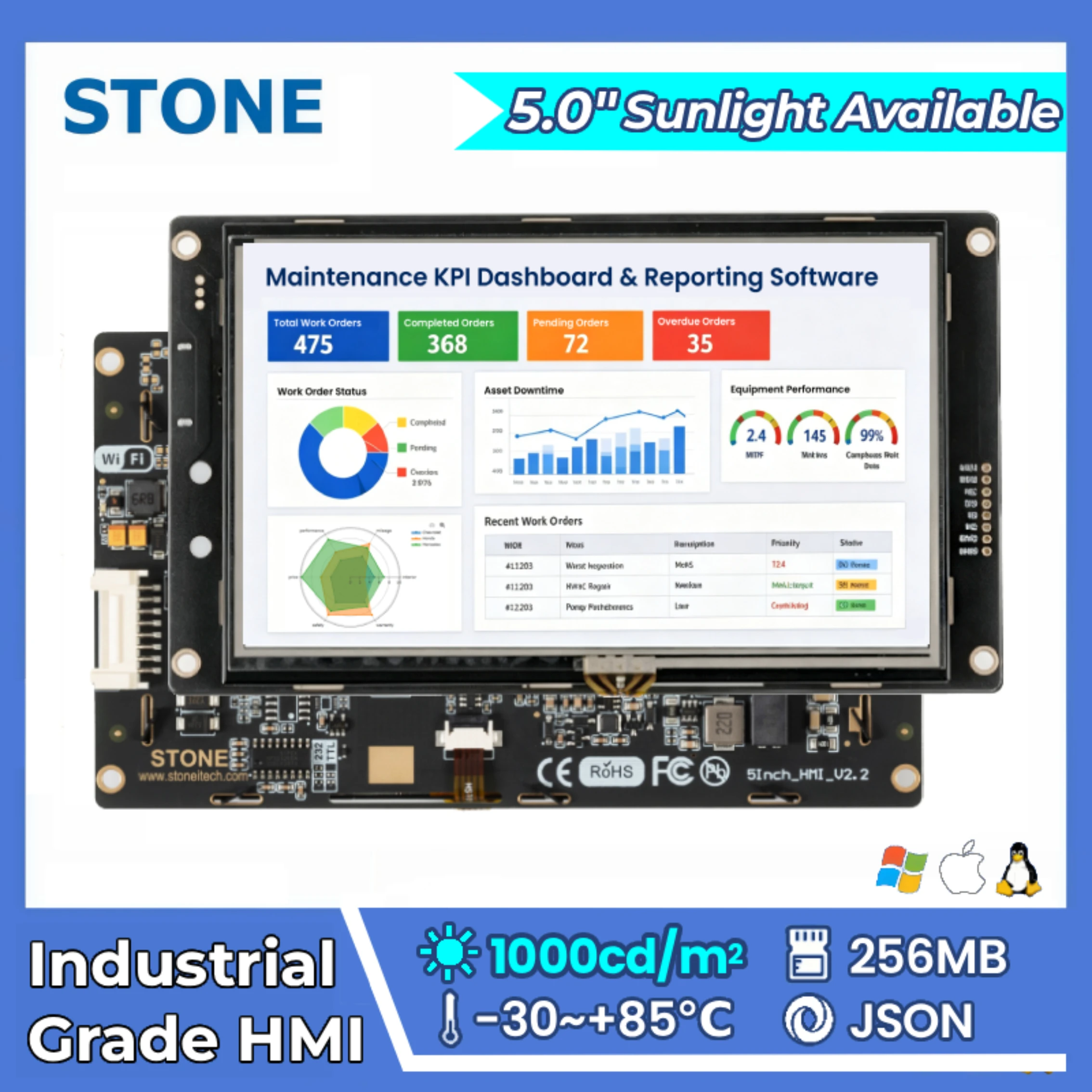 STONE A 5.0 inch Industrial HMI TFT LCD Display Panel with Resistive Touch Screen High Brightness 800*480 for Arduino esp32