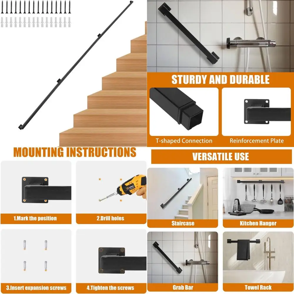 درابزين فولاذي غير قابل للانزلاق للسلالم المربعة - درابزين سلم داخلي وخارجي مثبت على الحائط، قضيب إمساك معدني بطول 10 أقدام #1