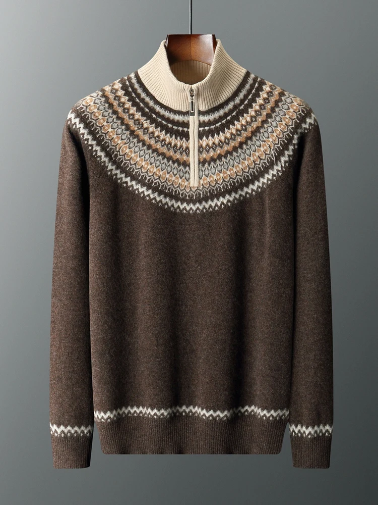 

Мужской шерстяной свитер с воротником-стойкой и полумолнией, пуловер Fair Isle Style, утепленный трикотаж из 100% мериносовой шерсти, осенне-зимний топ с рукавами реглан